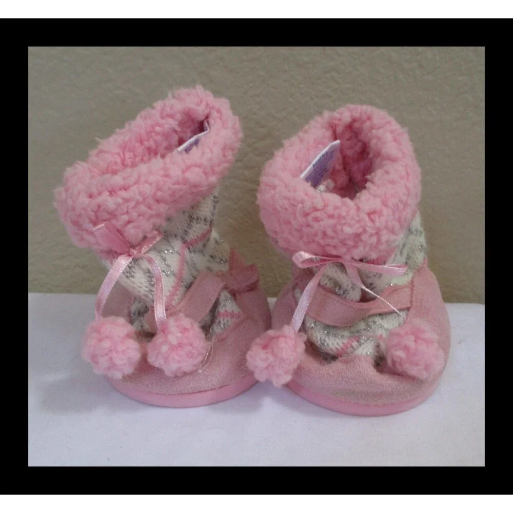 Build A Bear Workshop Pink & White Knit Boots with Pom Poms 2009